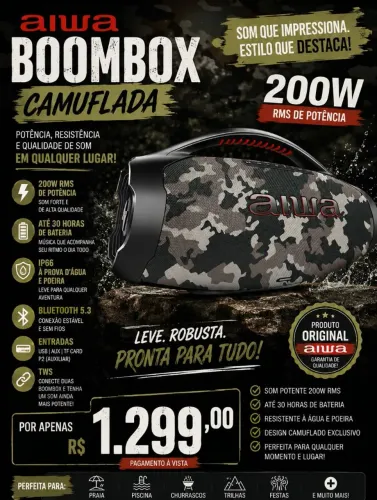 Caixa de som Aiwa bombox plus 200W camuflada