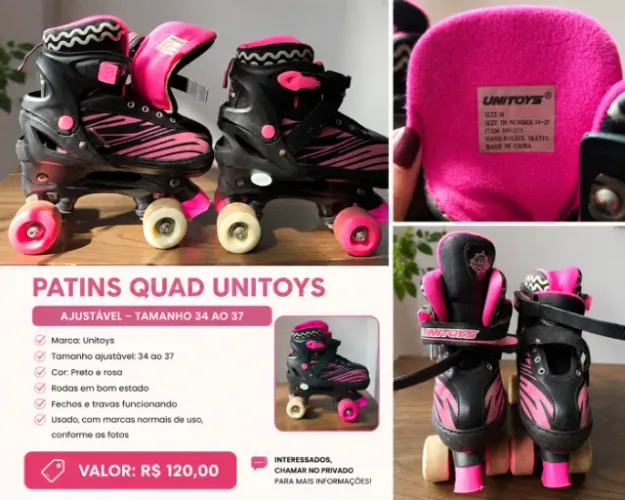 vendo Patins Quad Ajustável Unitoys - Tam. 34 ao 37 - R$ 120,00