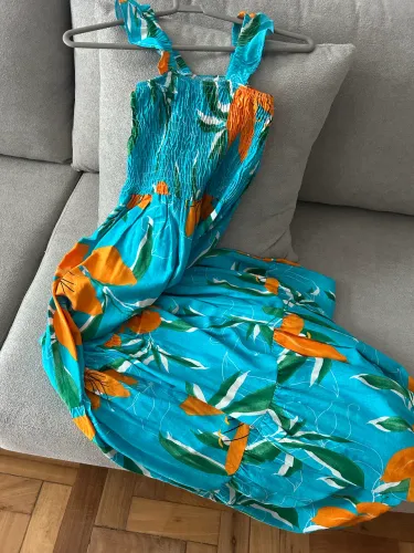 Vestido longo azul e laranja P