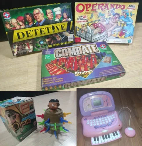 Lote 5 Brinquedos Estrela: Operando, Combate, Detetive, Pula Pirata e Notebook da Xuxa