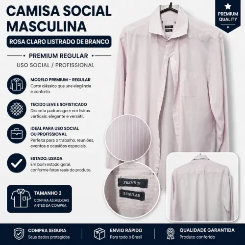Camisa social masculina rosa claro listrado de branco -- premium / regular (uso profiss)