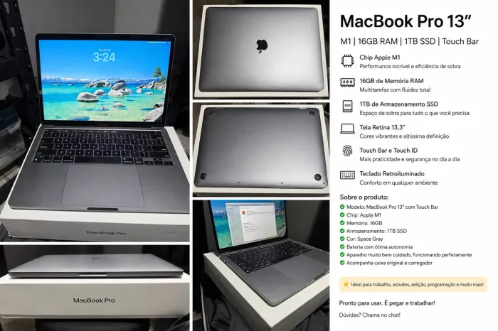 MacBook Pro 13 M1 16GB RAM 1TB SSD Touch Bar - Completo