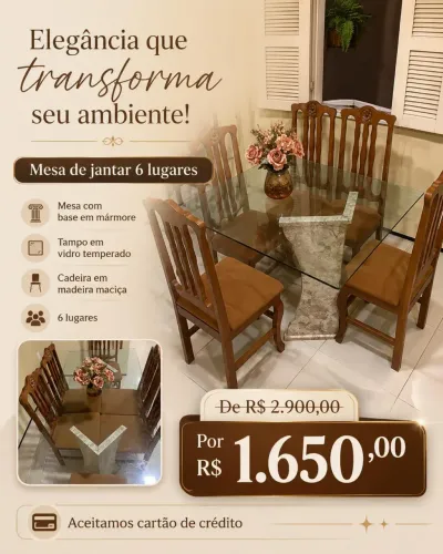 Mesa de jantar 6 lugares - Mármore com vidro e madeira 
