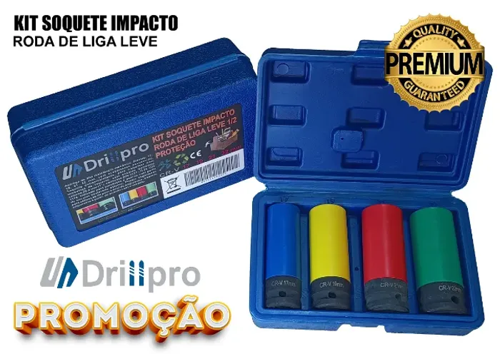 Jogo Soquete Impacto Longo Roda Liga Leve Encaixe De 1/2 Drillpro CV-V 17-19-21-22 mm