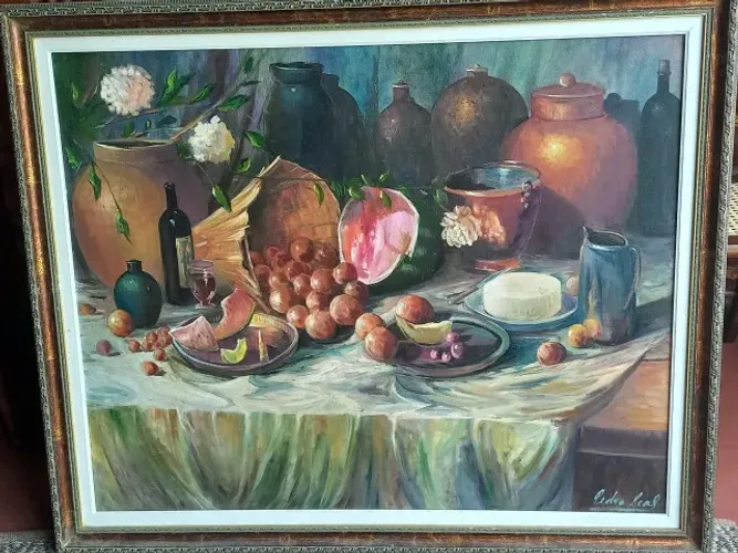 Quadro óleo sobre tela Pedro Leal Original. "Natureza morta"