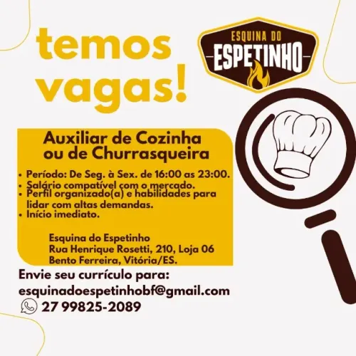 Vaga para Auxiliar de Cozinha - Segunda e Sexta