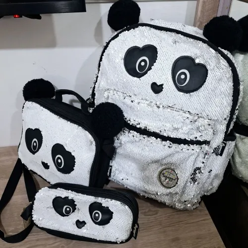 Kit Mochila, Lancheira E Estojo De Panda Lantejoulas