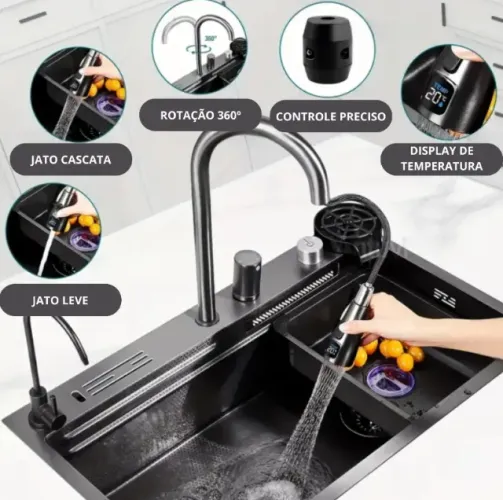Cuba Multifuncional Inox Para Cozinha Com Acessórios Cor Grafite