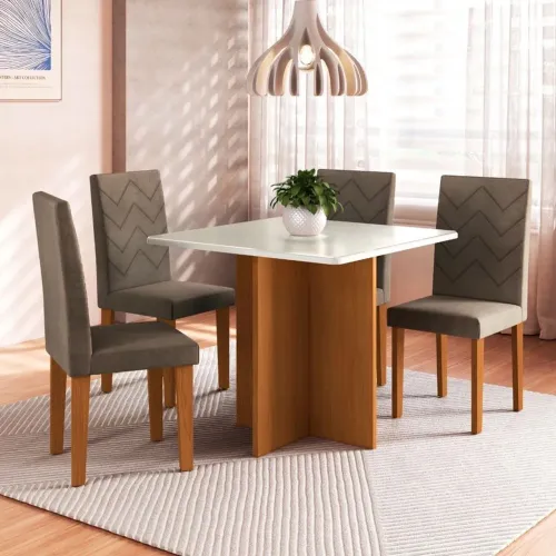 Mesa de Jantar 4C Indekes Santiago 90x90 Tampo com Vidro Freijó/Off/Cacau<br>
