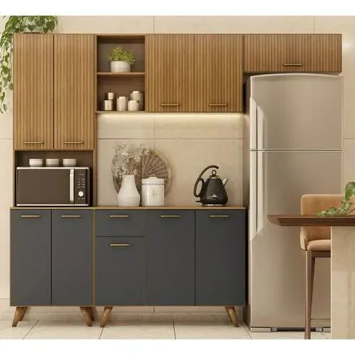Elegância e Organização: Cozinha Compacta Olinda 209cm com Acabamento Ripado Cinza