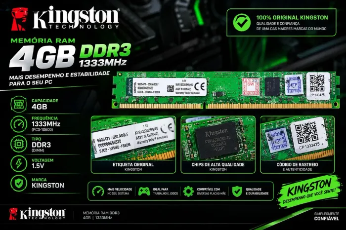 Memória RAM Kingston 4GB DDR3 - Funcionando 100%