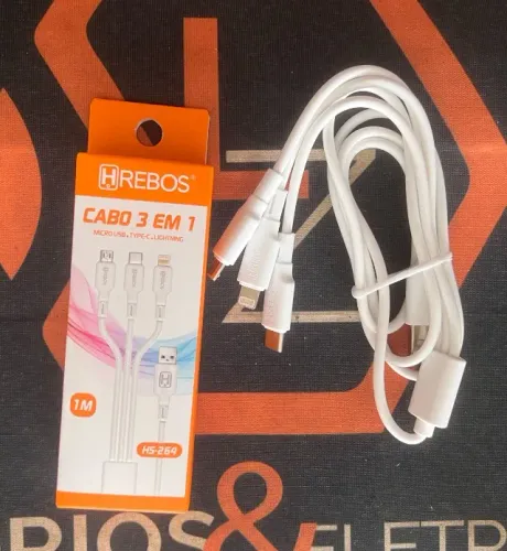 Cabo HREBOS - Kit com 3 cabos (Tipo-C, microusb V8 e lightning iphone)