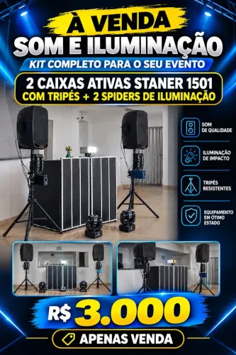 Caixas Ativas Staner 1501 c/tripé + 2 peças de iluminação