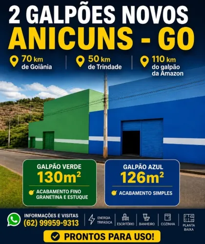 2 Galpões Novos em Anicuns-GO | 130 m² e 126 m² | Pé-direito de 6 m | Energia Trifásica