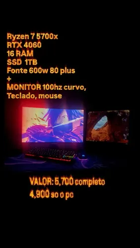 PC Gamer Ryzen 7 5700X + RTX 4060 8GB | 16GB RAM | SSD 1TB OU TROCO EM MOTO POP
