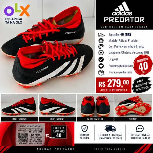 Chuteira Adidas Predator Campo Preta e Vermelha Nº 40 Seminova