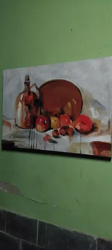 Quadro estilo natureza morta. Frutas e garrafa