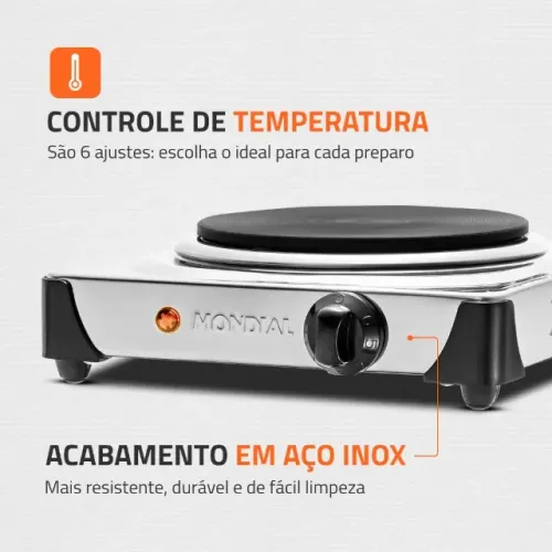 Fogão elétrico de mesa inox, 1 prato, 1.000 watts - Fast Cook - Mondial