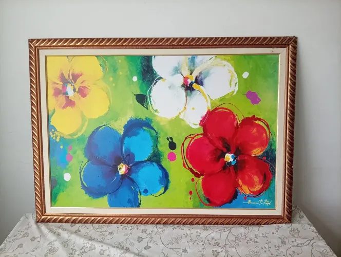 Quadro Pintura Tela Floral com Moldura - 104 X 74 cm.
