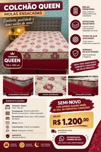 VENDO COLCHÃO QUEEN COM MOLAS ENSACADAS - SEMINOVO!