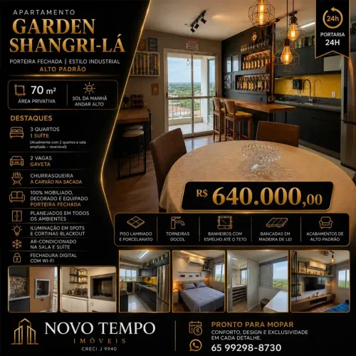 Apartamento mobiliado á venda, condomínio Garden Shangrila, Cuiabá-MT