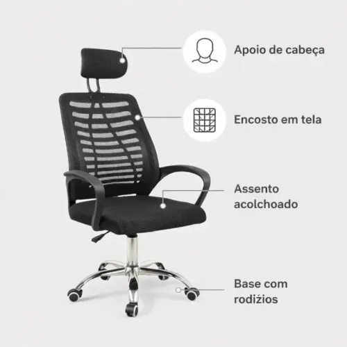 Cadeira Escritório Diretor Tela Mesh Com Encosto De Cabeça