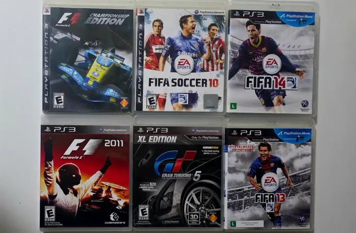 Lote 6 jogos de PS3: GT 5, F1 2011, F1 Championchip Edition, FIFA 14, FIFA 13 e FIFA 10