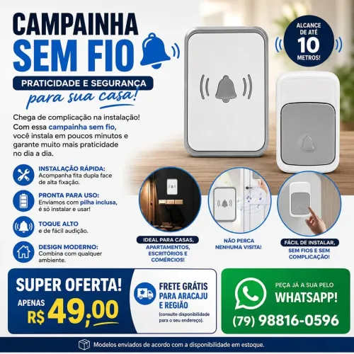 Campainha sem fio com alcance de 10 m já pronta para uso com fita dupla face