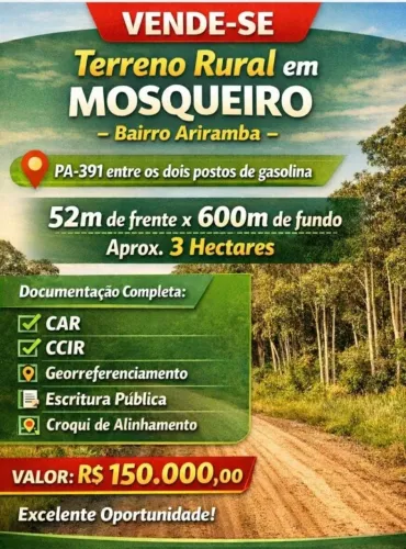 Terreno para edificação em Mosqueiro PA 3 Hectares. 52m de frente x 600m de fundo.