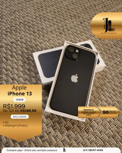 IPHONE 13, 5G, 128GB, PRETO, NA CAIXA, SEMINOVO, EXCLUSIVO!