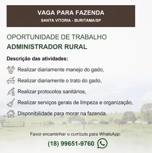 VAGAS FAZENDA - ADMINISTRADOR RURAL