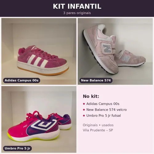 Kit 3 Calçados Infantis Originais - Adidas Campus + New Balance 574 + Chuteira Umbro