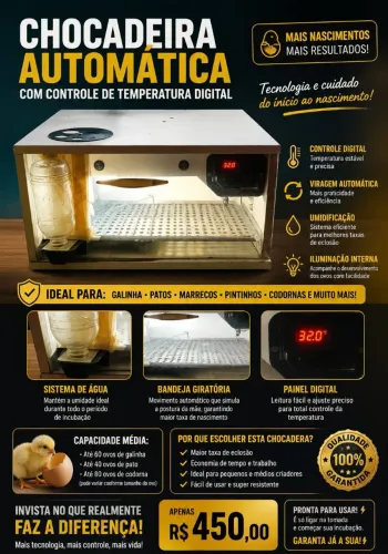 Chocadeira Automática Profissional até 60 Ovos - Painel Digital