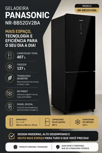 Geladeira/Refrigerador Panasonic Feita Free Duplex Inverse Black Glass 407L BB65