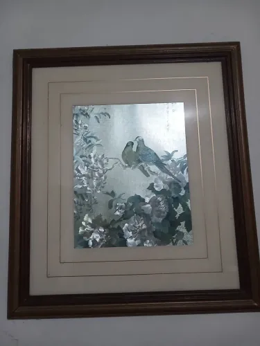 Quadro Antigo Pintura Oriental Em Seda Pássaros E Flores Moldura