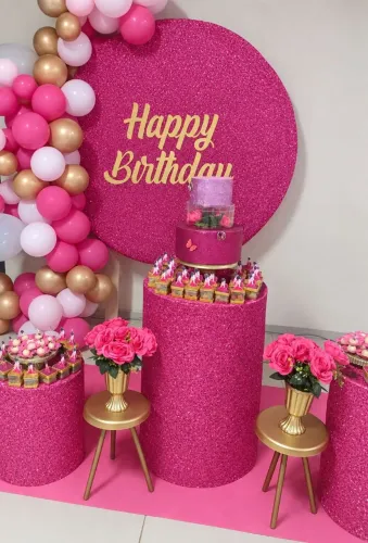 ALUGUEL Kit Festa MDF Rosa Pink - Painel + Trio Cilindros - Mata MA