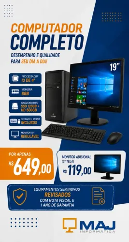 Computador Completo Core i3 4° Geração, 8GB, SSD 120GB, Monitor 19
