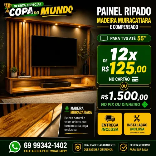 Painel Ripado para TV até 55" em Madeira Muiracatiara | 12x de R$ 125