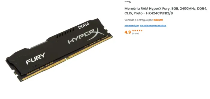 Memória RAM HyperX Fury, 8GB, 2400MHz, DDR4, CL15, Preto