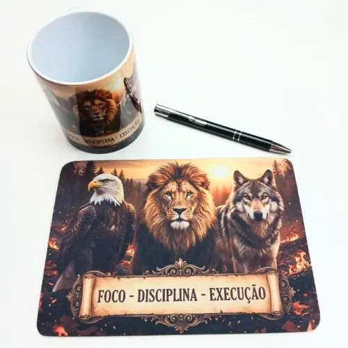 Kit Personalizado - Caneca + Mouse Pad Motivacional Foco Disciplina Execução - Presente Cr