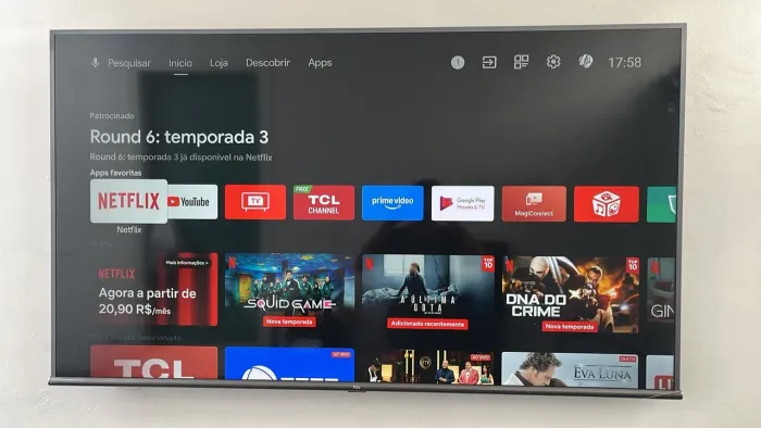 smart TV tcl Android 65 polegadas 4K borda infinita comando de voz completa