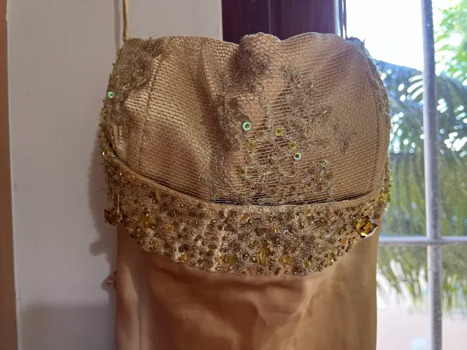 Vestido dourado tomara que caia , costas de tule