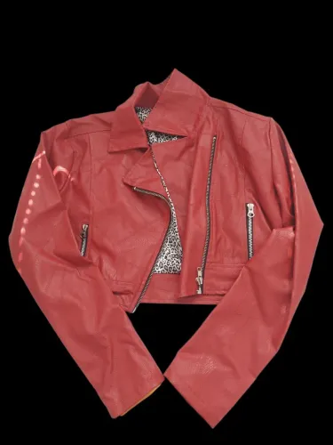Jaqueta Estilo Motoqueira Cropped Vermelha com Forro de Oncinha (Estilo Couro / PU)