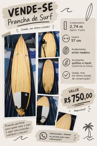 Prancha de Surf Estilo Madeira 1,74m com Quilhas e Leash
