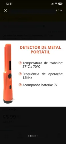 Detector De Metal Portátil Importway 9v Área Detecção 360° Cor Laranja