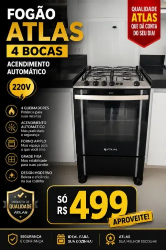 Fogão atlas 4 bocas acendimento automático potente