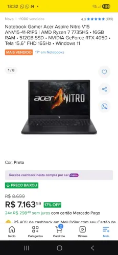 Notebook Gamer Acer Nitro V15, Ryzen 7 7735HS, 16GB de RAM DDR5, 1Tb ssd Nvme, RTX 4050.