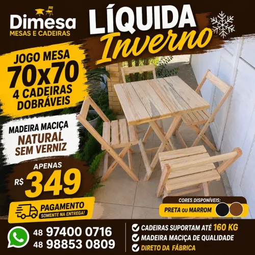 Promoção mesa 70x70 com 4 cadeiras dobráveis madeira maciça sem pintura 