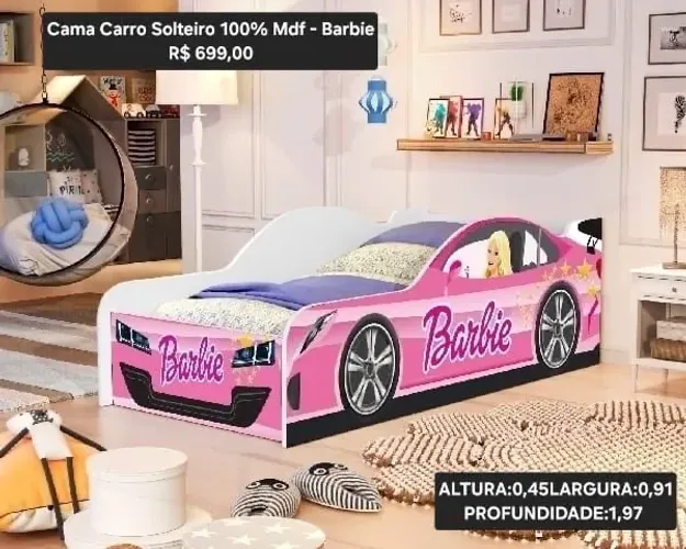 Cama Carro Solteiro 100% Mdf - Barbie