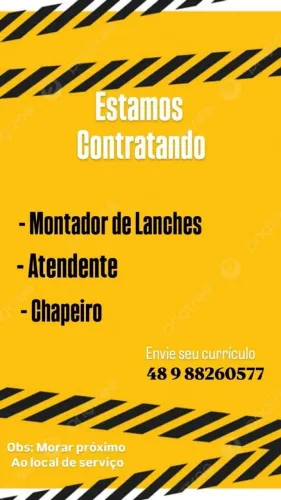 Vaga de emprego para montador, chapeiro e atendente.